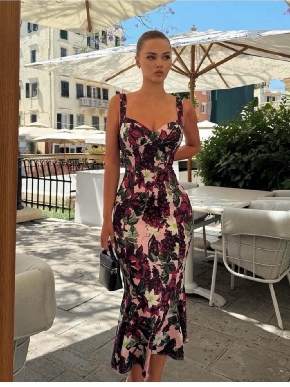 Zara Pink Floral Midi Dress with Green Leaf Accents